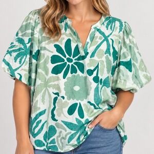 Single Thread Large Green Floral Blouse NWT Puff Sleeve Coastal Boho Top